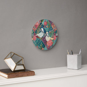 Horloge Ronde Elégantes colombes blanches rose floral & or géomé