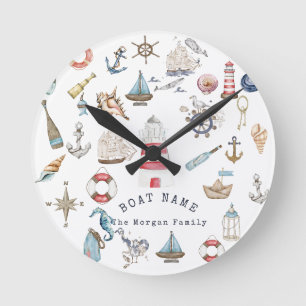 Horloge Ronde Éléments nautiques à l'aquarelle Marin