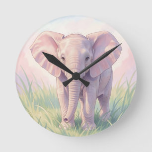 Horloge Ronde Éléphant de bébé mignon Prairie pastel