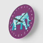 Horloge Ronde Éléphant de marche tribal turquoise (Angle)