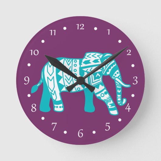 Horloge Ronde Éléphant de marche tribal turquoise (Recto)
