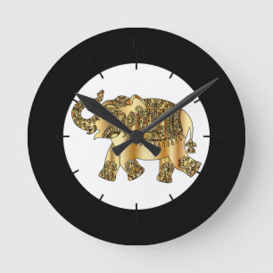 Horloge Ronde Eléphant Floral Chic Gold Paisley,