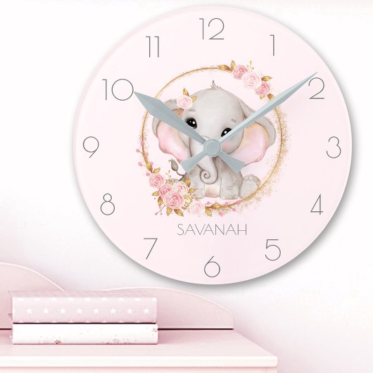Horloge Ronde Eléphant mignon rose Roses Nom de fille