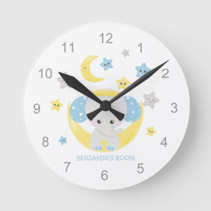 Horloge Ronde Eléphant mignon Stars Nom Baby Boy Nursery