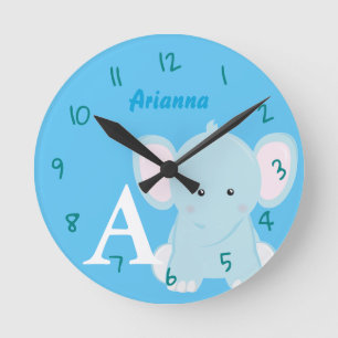 Horloge ronde éléphant pastel bleu personnalisée p
