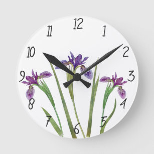 Horloge Ronde Éléphant Purple Watercolor Iris Flowers Botanical