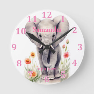 Horloge Ronde Éléphanteau Mignon Pastel Aquarelle Fleur de Print
