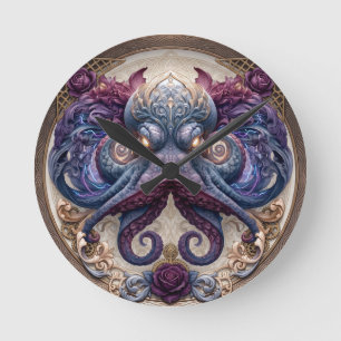 Horloge Ronde Emblème de pieuvre Steampunk avec roses violettes