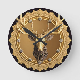 Horloge Ronde Emblème élégant de cerf doré avec cadre orné
