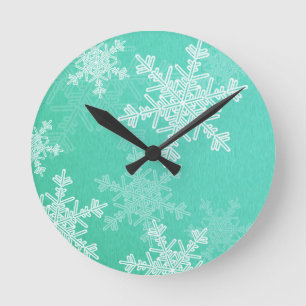 Horloge Ronde Emerald White Snowflakes Minimaliste Noël