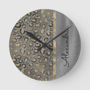 Horloge Ronde Empreinte de léopard Glittery sur Glossy Grey    