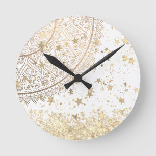 Horloge Ronde Enchanting Mandala with Gold Stars on White  