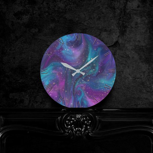 Horloge Ronde Encre cosmique | Turquoise bleu violet Galaxie Neb