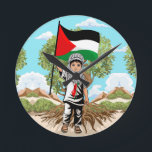 Horloge Ronde Enfant avec Keffiyeh Palestine Drapeau et olivier<br><div class="desc">Petit garçon mignon de Gaza,  portant un Keffiyeh,  et tenant le drapeau palestinien,  symbole de liberté et d'indépendance de la Palestine libre. Illustration graphique Vector originale copyright BluedarkArt TheChameleonArt.</div>