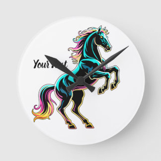 Horloge Ronde Enseigne au néon Cheval Style Rétro Glitch