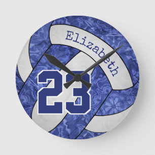Horloge Ronde équipe de volley-ball bleu et blanc couleurs fille