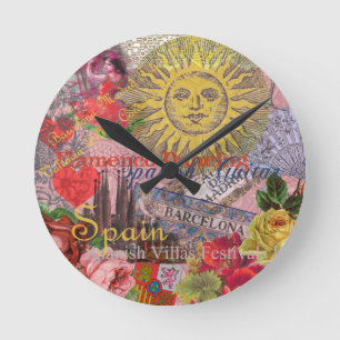 Horloge Ronde Espagne Vintage Soleil Voyage Collage Rétro Europe