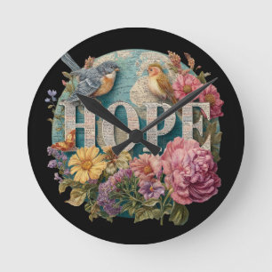 Horloge Ronde Espérons la typographie florale avec les oiseaux e
