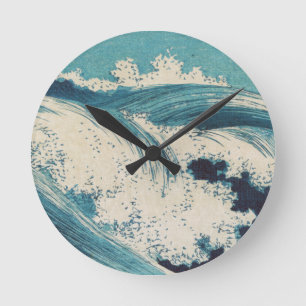 Horloge Ronde Estampe antique japonaise sur bois Vagues bleues d