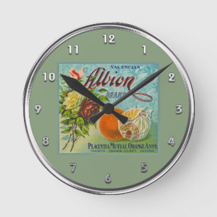 Horloge Ronde Étiquette de caisse de fruit d'oranges d'Albion