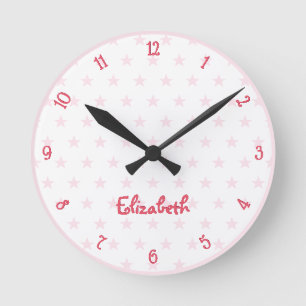 Horloge Ronde Étoiles Rose Cute Nom Personnalisé Filles Salle Nu
