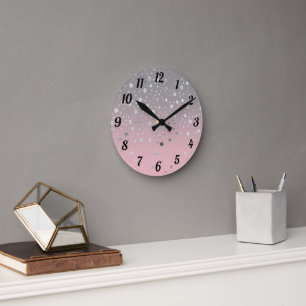 Horloge Ronde Étoiles roses et grises élégantes modernes chic