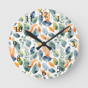 Horloge Ronde Eucalyptus Plante Vert Orange 350 Aquarelle