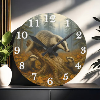 Horloge Ronde Famille de blaireaux dans des bois brumeux