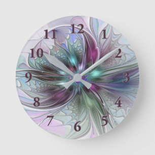 Horloge Ronde Fantaisie Abstraite Moderne Fleur Fractale Colorée
