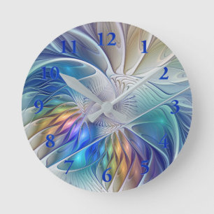 Horloge Ronde Fantaisie florale, fleur fractale abstraite coloré