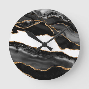 Horloge Ronde Fausse Agate Marbrée Noir Pierre Luxueuse Élégante
