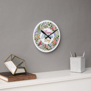 Horloge Ronde Fausse broderie florale Joyeuse fête des Mères