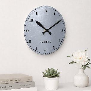 Horloge Ronde Faux argenté métallisé gris nombres nom noir