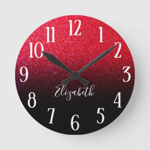 Horloge Ronde Faux Pailleté Rouge Étincelant Noir Ombré