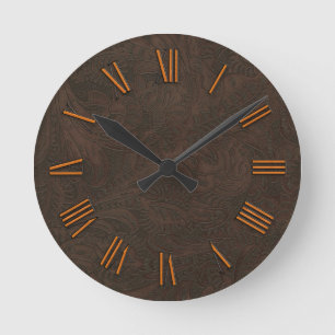 Horloge Ronde Faux tooled, Carved Leather & Copper-look Numerals