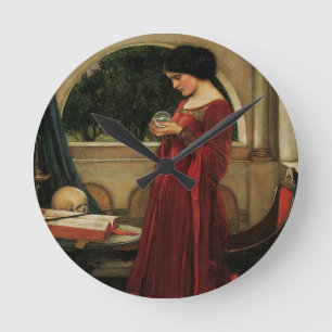 Horloge Ronde Femme à la boule de cristal, peinture de Waterhous