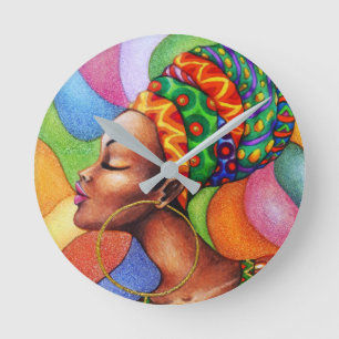 Horloge Ronde Femme africaine avec cire tissu traditionnel