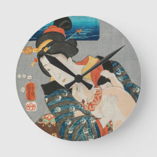 Horloge Ronde Femme jouant avec chat Vintage japonais imprimé