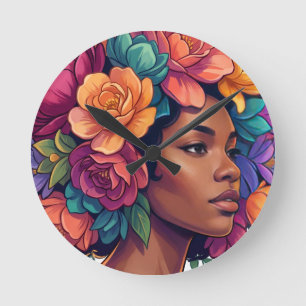 Horloge Ronde Femme noire inspirante Bloom Fleur Afro