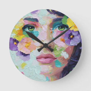 Horloge Ronde Femme surréaliste aux yeux floraux Pétales Vent Ar