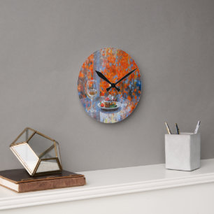 Horloge Ronde Fenêtre d'automne avec vin et dessert