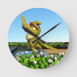 Horloge Ronde Fête au bord de la piscine avec crocodile rigolo e