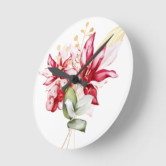Horloge Ronde Fête d'hiver poinsettia aquarelle fleurs (Angle)