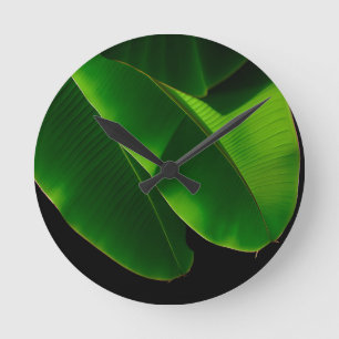 Horloge Ronde Feuille de bananier verte vibrante Tropical rappro