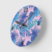 Horloge Ronde Feuille de palme tropicale bleu rose (Angle)