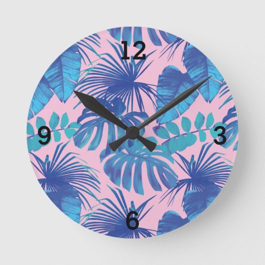Horloge Ronde Feuille de palme tropicale bleu rose (Recto)