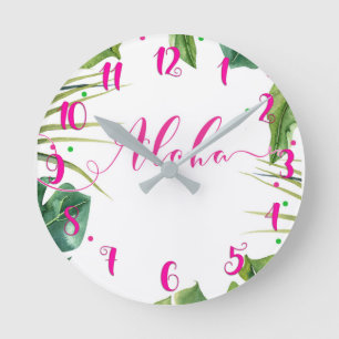 Horloge Ronde Feuille tropical de roses indien ALOHA botanique