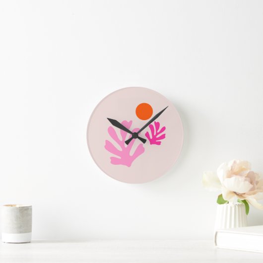 Horloge Ronde Feuilles Abstraits rose orange moderne formes déco (Maison)