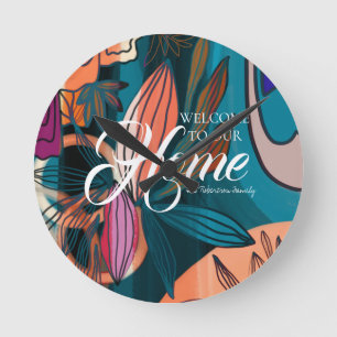 Horloge Ronde Feuilles botaniques de la Marine Orange Rose Artis