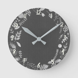 Horloge Ronde Feuilles Botaniques Personnalisées Gris Argenté su